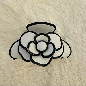 Camelia Flower Hair Clip, white, black, 3”x1.5”